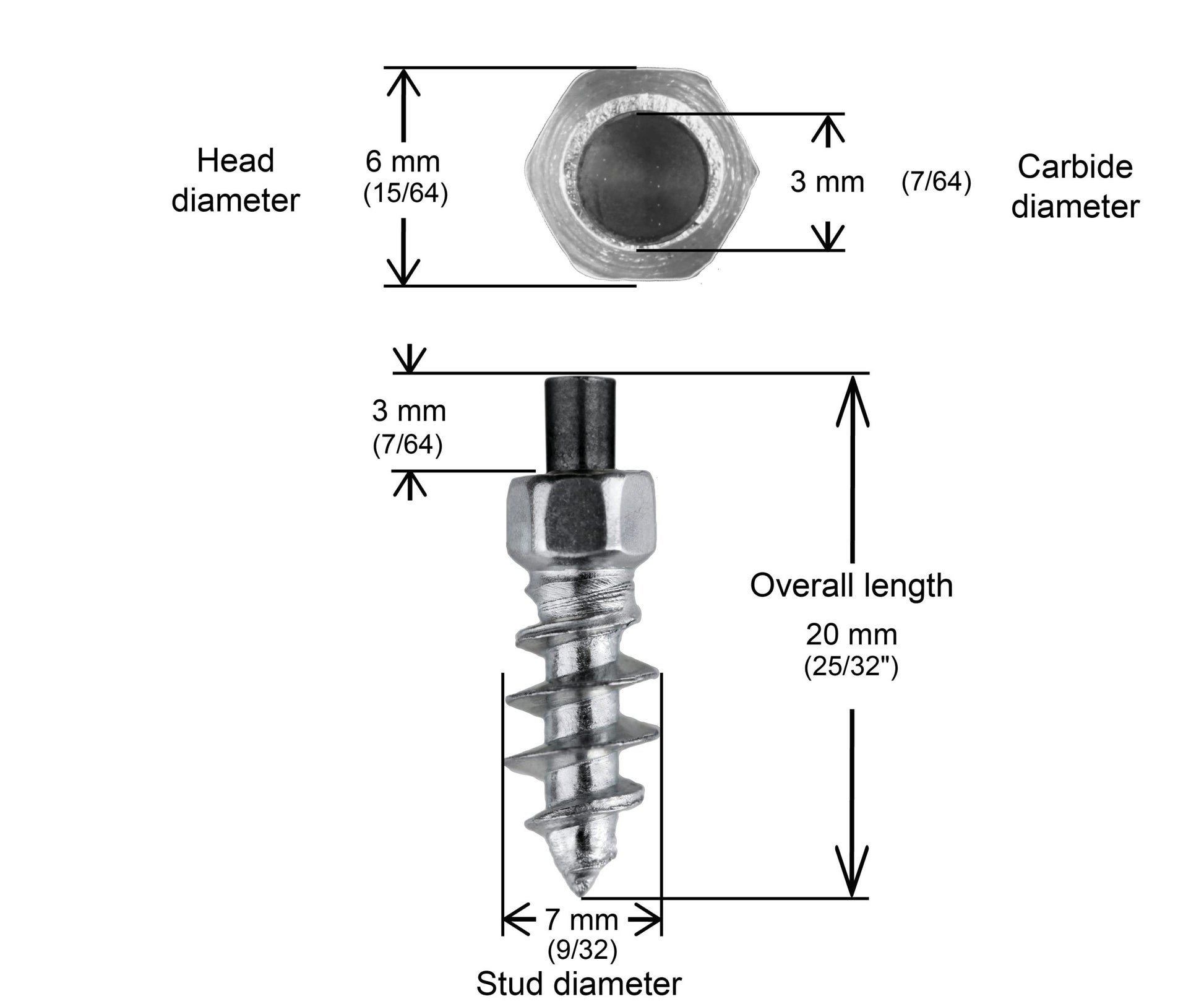 Close-up of iGrip ST-18F 18mm snowmobile stud for superior ice traction and stability