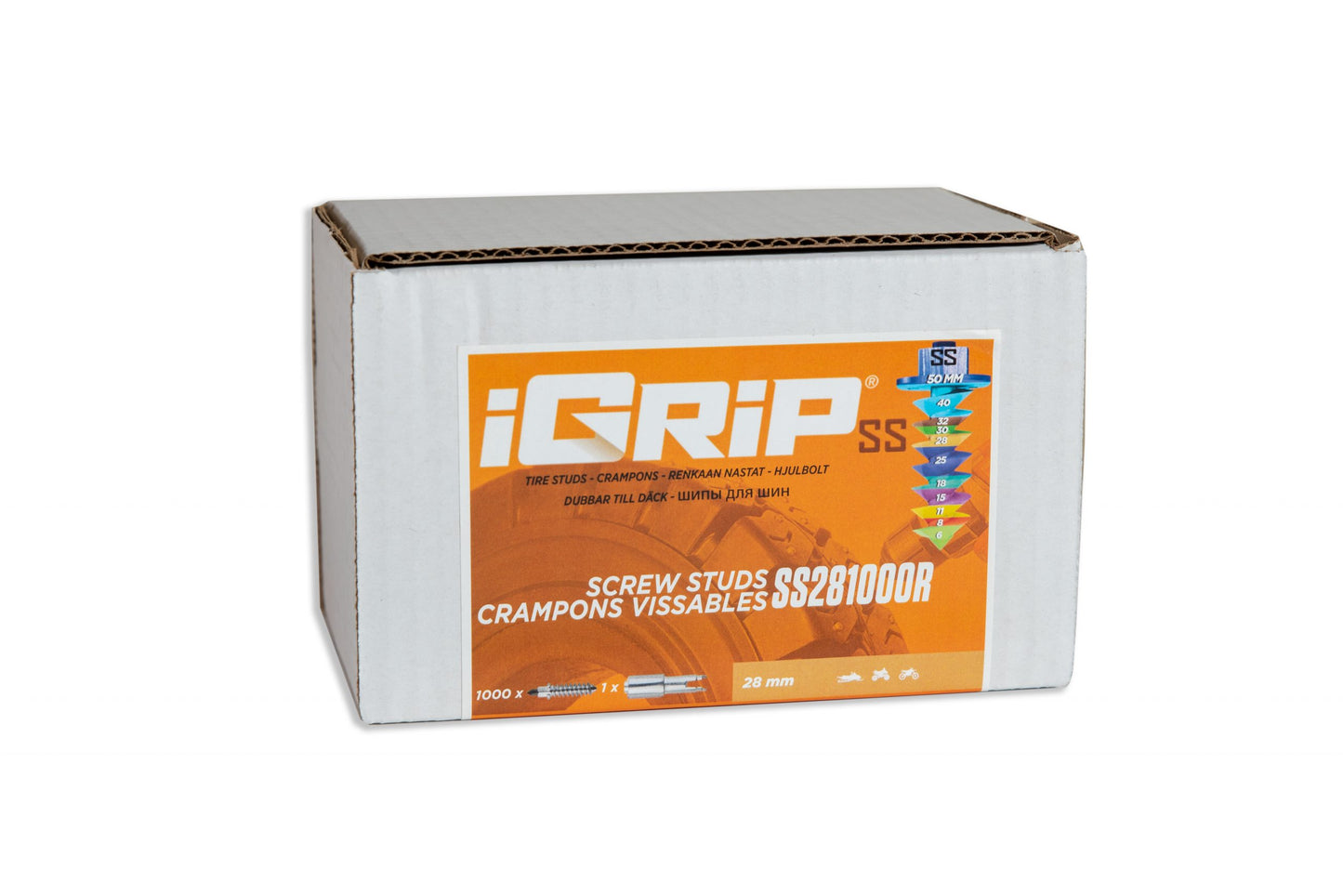 SS-28R iGrip 28mm shouldered racing tire studs providing powerful traction and control on icy tracks