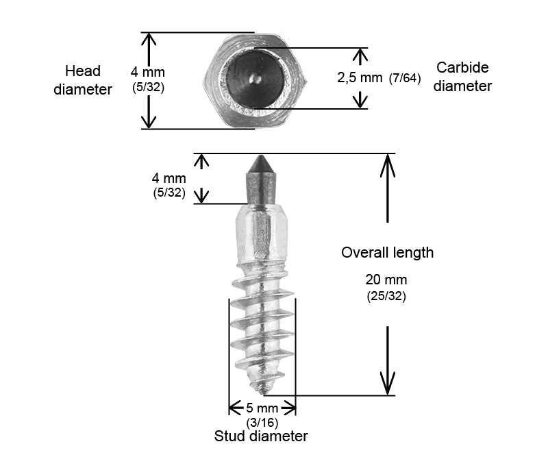 ST-20R iGrip 20mm standard racing studs providing superior traction and control on icy and snowy surfaces