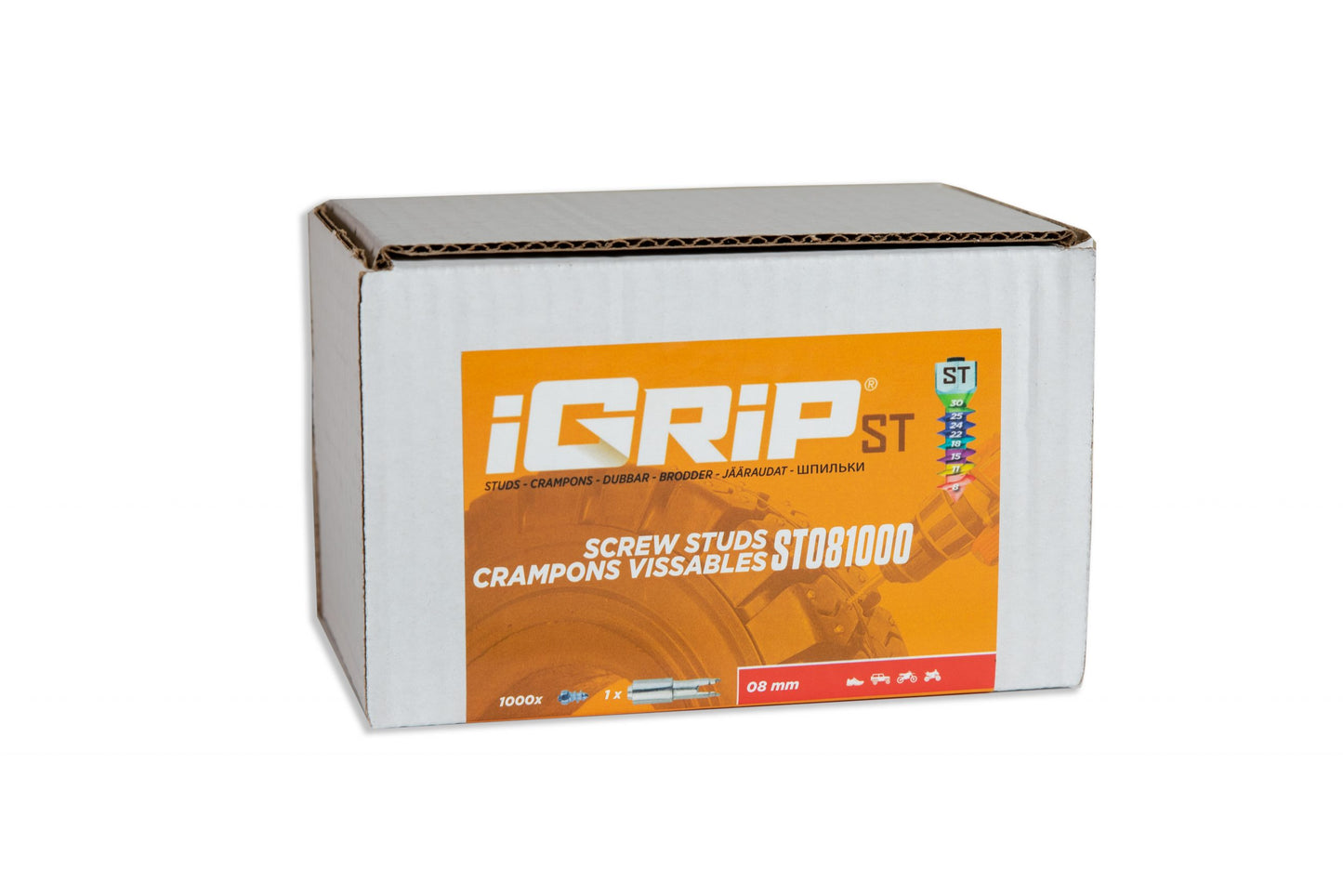 ST-08 iGrip 8mm standard studs providing compact traction and stability on icy and snowy terrain