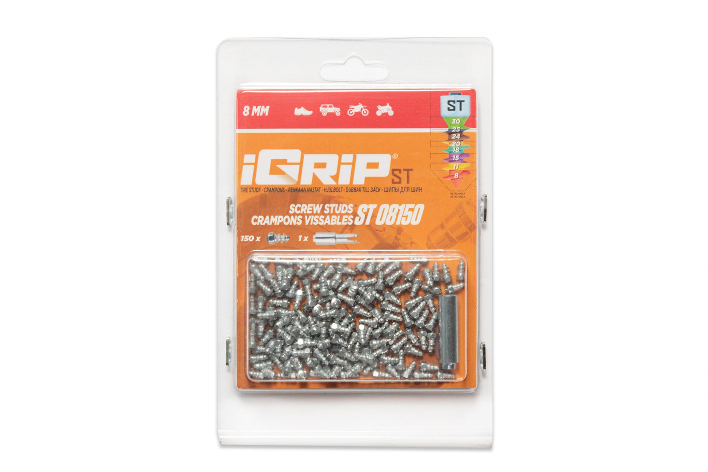 ST-08 iGrip 8mm standard studs providing compact traction and stability on icy and snowy terrain