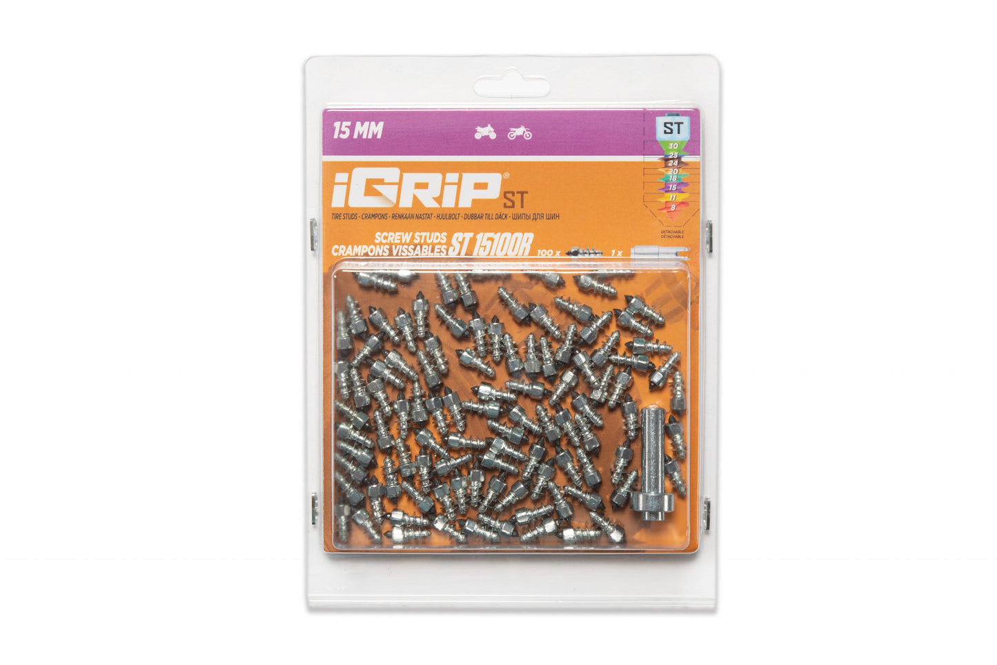 ST-15R iGrip 15mm standard racing studs providing high-speed traction and control on icy and snowy surfaces
