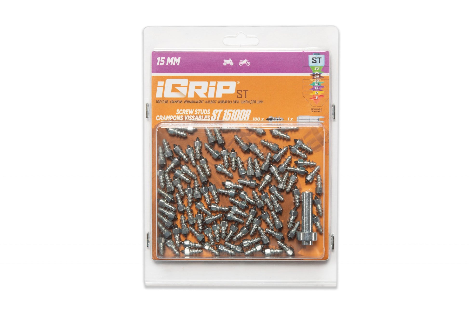 ST-15R iGrip 15mm standard racing studs providing high-speed traction and control on icy and snowy surfaces