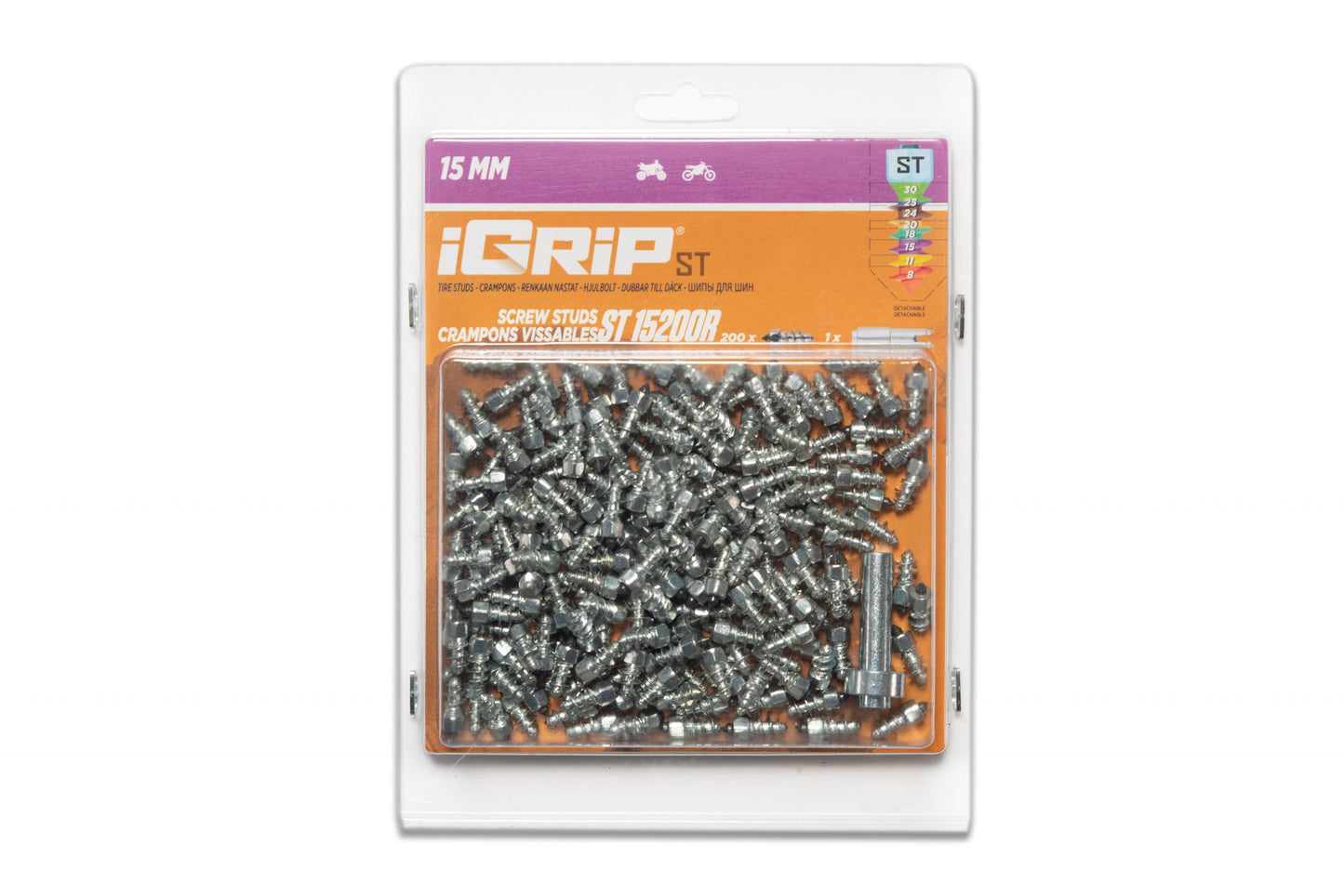 ST-15R iGrip 15mm standard racing studs providing high-speed traction and control on icy and snowy surfaces