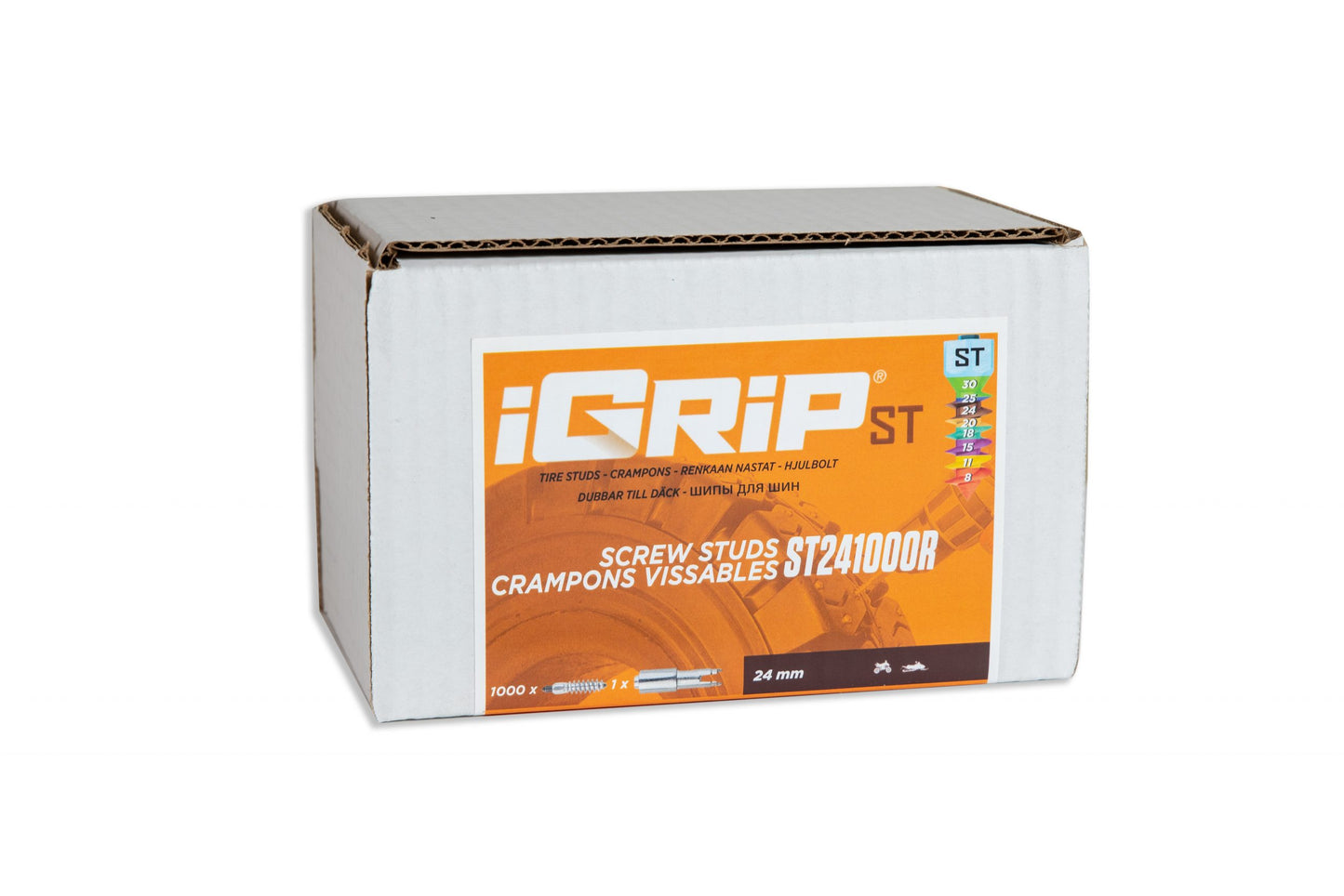 ST-24R iGrip 24mm standard racing studs delivering ultimate traction and control on icy and snowy tracks