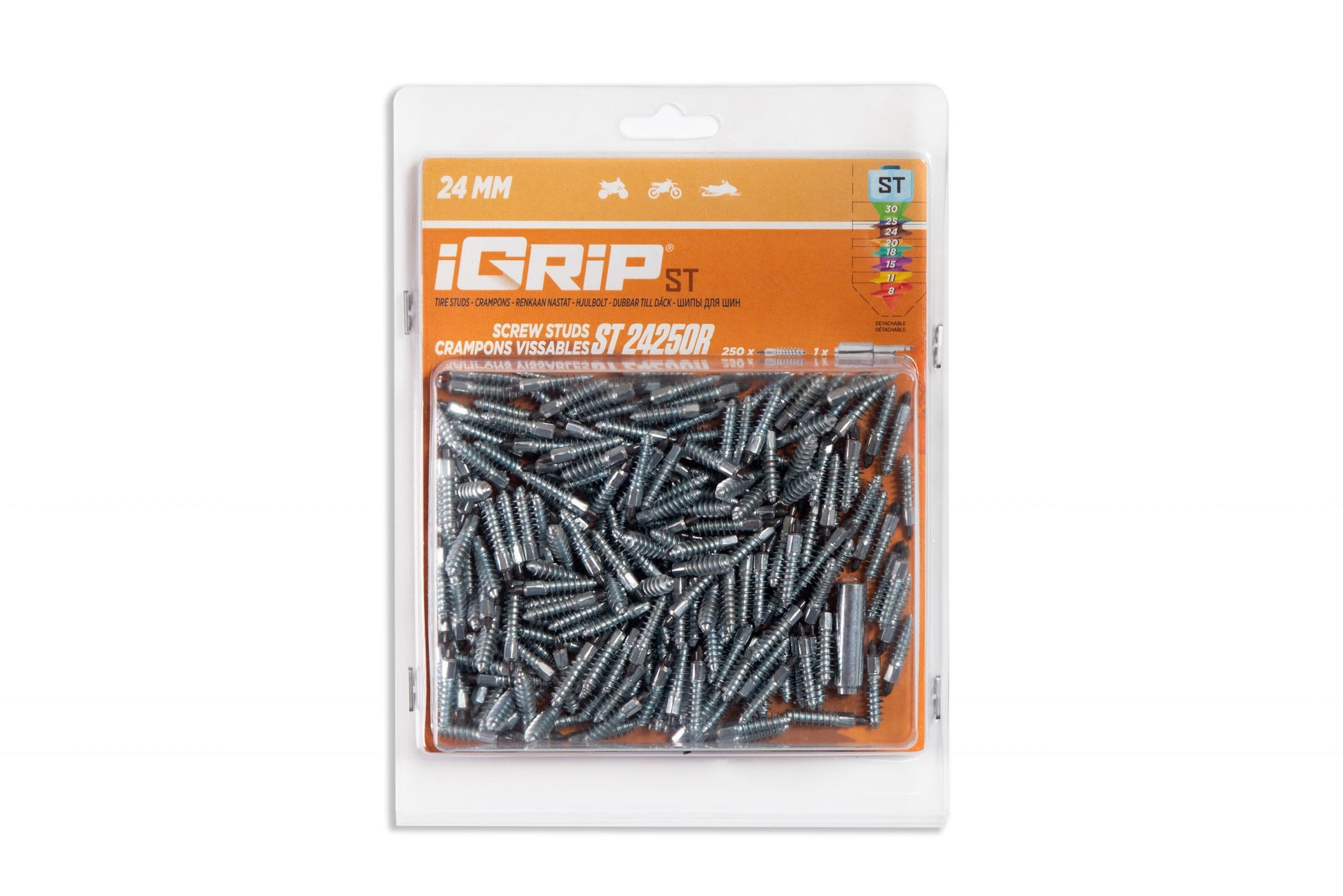 ST-24R iGrip 24mm standard racing studs delivering ultimate traction and control on icy and snowy tracks